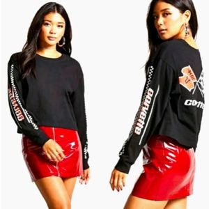 GM CORVETTE Flag Red Logo White Checker Print Long Sleeve Crop Black Top Small